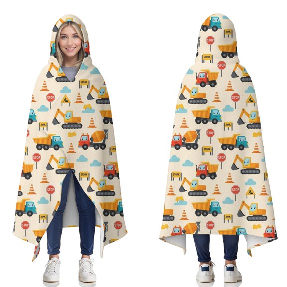 Wearable Blanket,Cartoon Construction Vehicles Traffic Cones Hooded Wearable Flannel Blanket for Adults & Teens,Winter Poncho Shawl Wrap Cape Cozy Anti-Pill,50"x60"