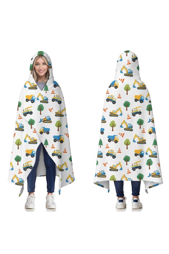 Wearable Blanket,Cartoon Construction Vehicles Trees Hooded Wearable Sherpa Blanket for Adults & Teens,Winter Poncho Shawl Wrap Cape Thick Warm,50"x60"