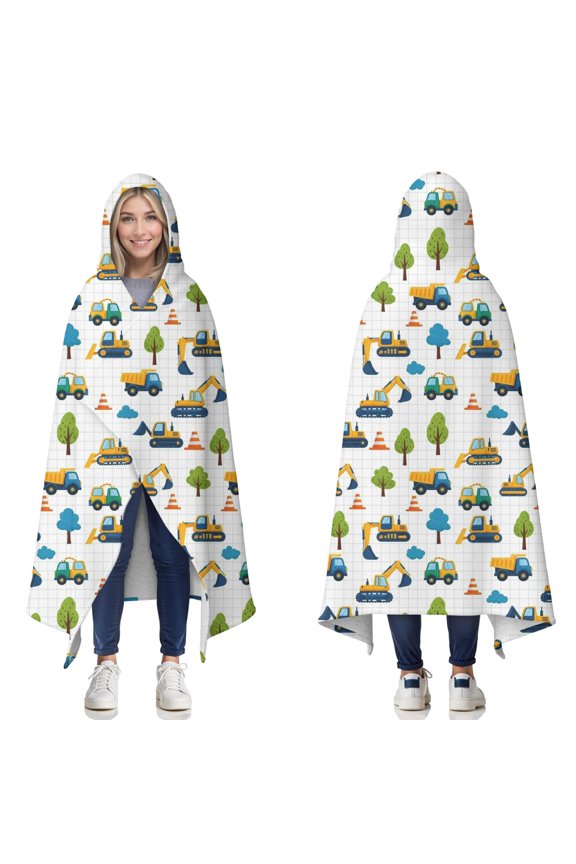 Wearable Blanket,Cartoon Construction Vehicles Trees Hooded Wearable Sherpa Blanket for Adults & Teens,Winter Poncho Shawl Wrap Cape Thick Warm,60"x80"