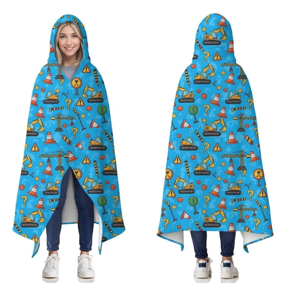 Wearable Blanket,Cartoon Construction Vehicles Warning Signs Hooded Wearable Flannel Blanket for Adults & Teens,Winter Poncho Shawl Wrap Cape Cozy Anti-Pill,50"x60"