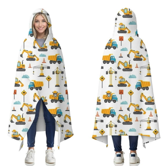 Wearable Blanket,Cartoon Construction Vehicles Workers White Pattern Hooded Wearable Flannel Blanket for Adults & Teens,Winter Poncho Shawl Wrap Cape Cozy Anti-Pill,50"x60"