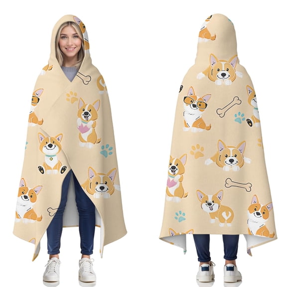 Wearable Blanket,Cartoon Corgi Hooded Wearable Flannel Blanket for Adults & Teens,Winter Poncho Shawl Wrap Cape Cozy Anti-Pill,50"x60"