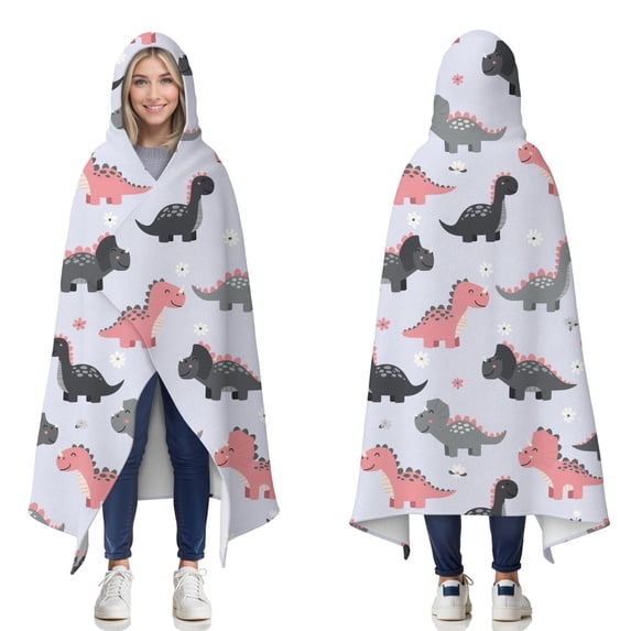 Wearable Blanket,Cartoon Dinosaurs Flowers Pattern Hooded Wearable Flannel Blanket for Adults & Teens,Winter Poncho Shawl Wrap Cape Cozy Anti-Pill,60"x80"