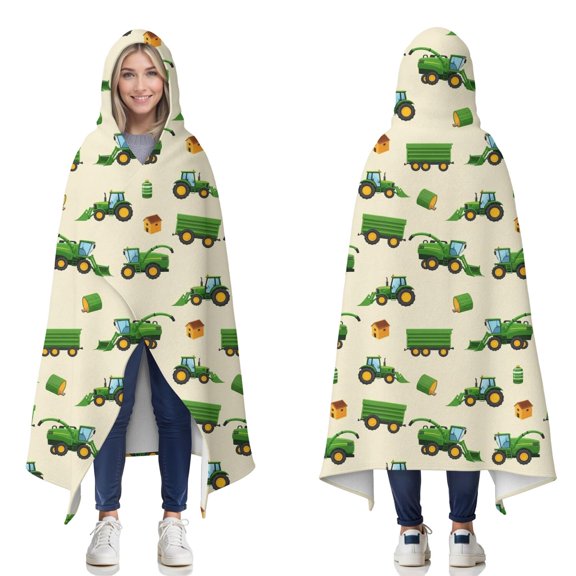 Wearable Blanket,Cartoon Tractors Barns Beige Pattern Hooded Wearable Flannel Blanket for Adults & Teens,Winter Poncho Shawl Wrap Cape Cozy Anti-Pill,50"x60"
