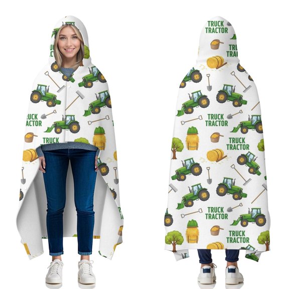 Wearable Blanket,Cartoon Tractors Hay Bales White Pattern Hooded Wearable Flannel Blanket for Adults & Teens with Buckle,Winter Poncho Shawl Wrap Cape,50"x60"