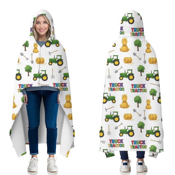 Wearable Blanket,Cartoon Tractors Hay Bales White Pattern Hooded Wearable Flannel Blanket for Adults & Teens with Buckle,Winter Poncho Shawl Wrap Cape,50"x60"