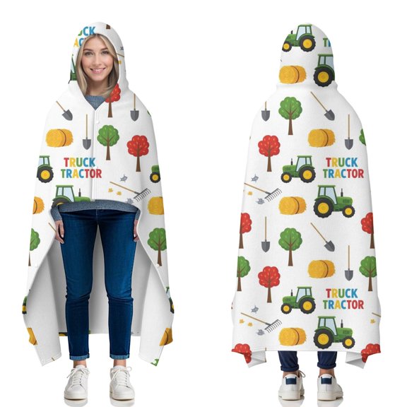 Wearable Blanket,Cartoon Tractors Hay Bales White Pattern Hooded Wearable Flannel Blanket for Adults & Teens with Buckle,Winter Poncho Shawl Wrap Cape,50"x60"
