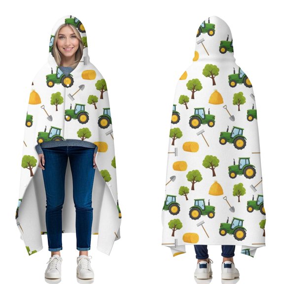 Wearable Blanket,Cartoon Tractors Hay Bales White Pattern Hooded Wearable Flannel Blanket for Adults & Teens with Buckle,Winter Poncho Shawl Wrap Cape,60"x80"