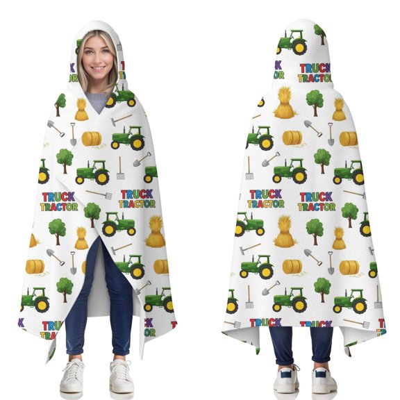 Wearable Blanket,Cartoon Tractors Hay Bales White Pattern Hooded Wearable Flannel Blanket for Adults & Teens,Winter Poncho Shawl Wrap Cape Cozy Anti-Pill,50"x60"