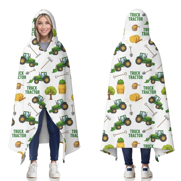 Wearable Blanket,Cartoon Tractors Hay Bales White Pattern Hooded Wearable Sherpa Blanket for Adults & Teens,Winter Poncho Shawl Wrap Cape Thick Warm,50"x60"