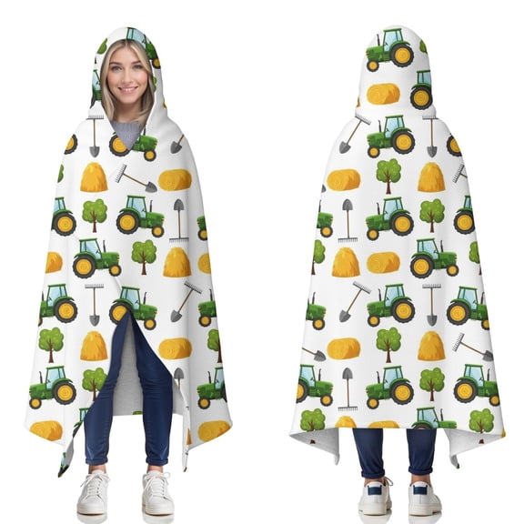 Wearable Blanket,Cartoon Tractors Hay Bales White Pattern Hooded Wearable Sherpa Blanket for Adults & Teens,Winter Poncho Shawl Wrap Cape Thick Warm,50"x60"