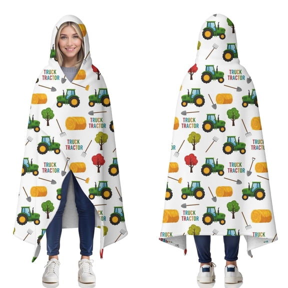 Wearable Blanket,Cartoon Tractors Hay Bales White Pattern Hooded Wearable Sherpa Blanket for Adults & Teens,Winter Poncho Shawl Wrap Cape Thick Warm,50"x60"