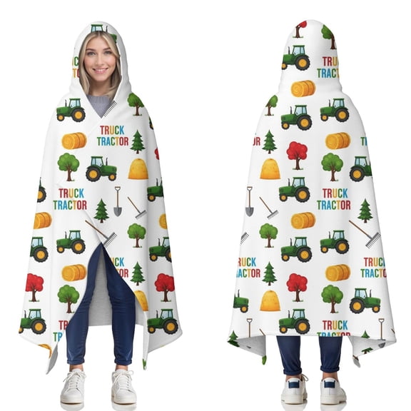 Wearable Blanket,Cartoon Tractors Hay Bales White Pattern Hooded Wearable Sherpa Blanket for Adults & Teens,Winter Poncho Shawl Wrap Cape Thick Warm,60"x80"
