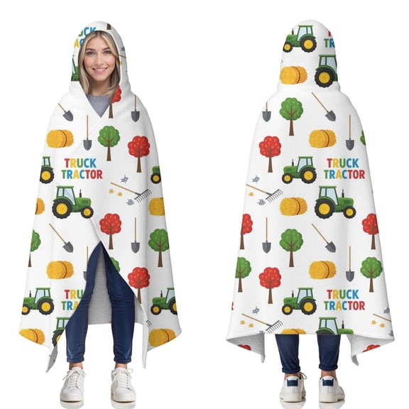 Wearable Blanket,Cartoon Tractors Hay Bales White Pattern Hooded Wearable Sherpa Blanket for Adults & Teens,Winter Poncho Shawl Wrap Cape Thick Warm,60"x80"