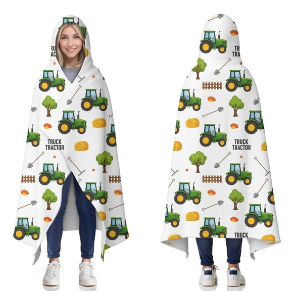 Wearable Blanket,Cartoon Tractors Hay Bales White Pattern Hooded Wearable Sherpa Blanket for Adults & Teens,Winter Poncho Shawl Wrap Cape Thick Warm,60"x80"