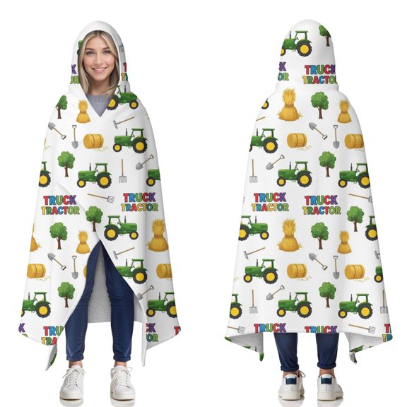 Wearable Blanket,Cartoon Tractors Hay Bales White Pattern Hooded Wearable Sherpa Blanket for Adults & Teens,Winter Poncho Shawl Wrap Cape Thick Warm,60"x80"