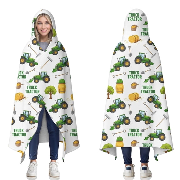 Wearable Blanket,Cartoon Tractors Hay Bales White Pattern Hooded Wearable Sherpa Blanket for Adults & Teens,Winter Poncho Shawl Wrap Cape Thick Warm,60"x80"