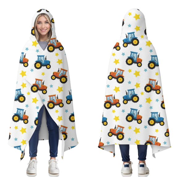 Wearable Blanket,Cartoon Tractors Stars White Pattern Hooded Wearable Flannel Blanket for Adults & Teens,Winter Poncho Shawl Wrap Cape Cozy Anti-Pill,60"x80"