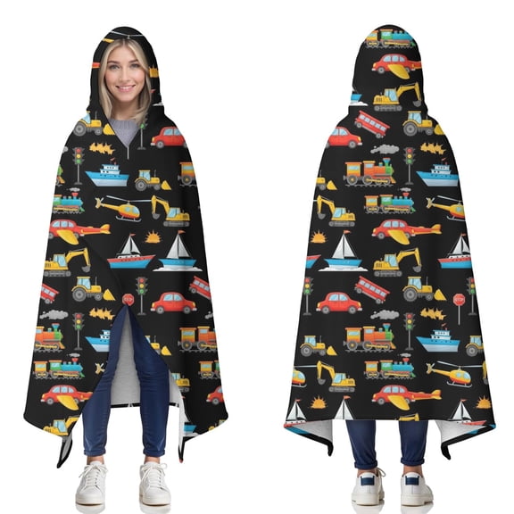 Wearable Blanket,Cartoon Traffic Vehicles Boats Black Pattern Hooded Wearable Sherpa Blanket for Adults & Teens,Winter Poncho Shawl Wrap Cape Thick Warm,50"x60"