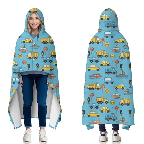 Wearable Blanket,Cartoon Traffic Vehicles Boats Light Blue Pattern Hooded Wearable Flannel Blanket for Adults & Teens with Buckle,Winter Poncho Shawl Wrap Cape,60"x80"