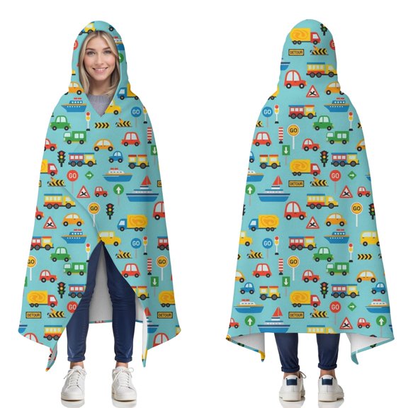 Wearable Blanket,Cartoon Traffic Vehicles Boats Light Blue Pattern Hooded Wearable Flannel Blanket for Adults & Teens,Winter Poncho Shawl Wrap Cape Cozy Anti-Pill,50"x60"