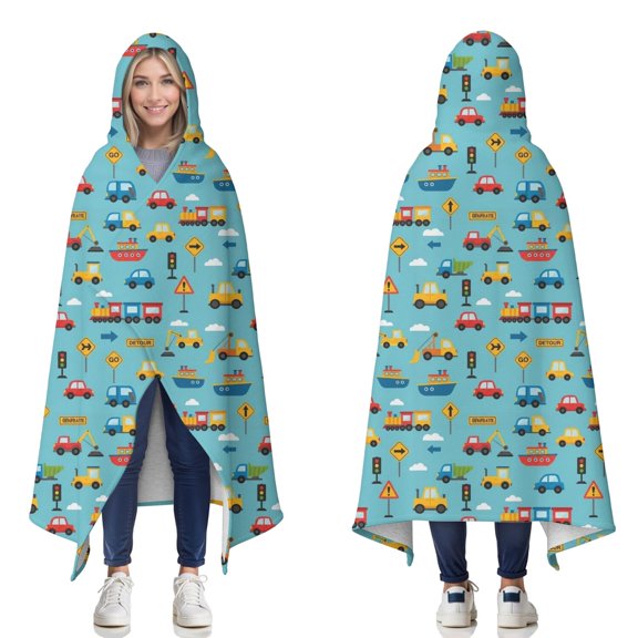 Wearable Blanket,Cartoon Traffic Vehicles Boats Light Blue Pattern Hooded Wearable Sherpa Blanket for Adults & Teens,Winter Poncho Shawl Wrap Cape Thick Warm,60"x80"