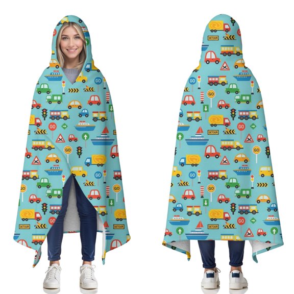 Wearable Blanket,Cartoon Traffic Vehicles Boats Light Blue Pattern Hooded Wearable Sherpa Blanket for Adults & Teens,Winter Poncho Shawl Wrap Cape Thick Warm,60"x80"