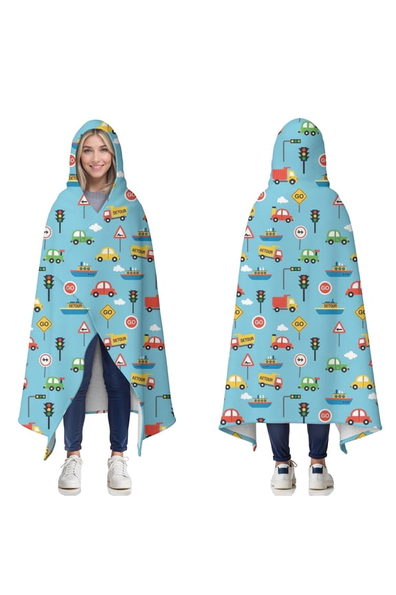Wearable Blanket,Cartoon Traffic Vehicles Boats Light Blue Pattern Hooded Wearable Sherpa Blanket for Adults & Teens,Winter Poncho Shawl Wrap Cape Thick Warm,50"x60"