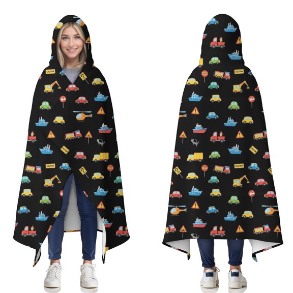 Wearable Blanket,Cartoon Traffic Vehicles Signs Black Pattern Hooded Wearable Flannel Blanket for Adults & Teens,Winter Poncho Shawl Wrap Cape Cozy Anti-Pill,50"x60"