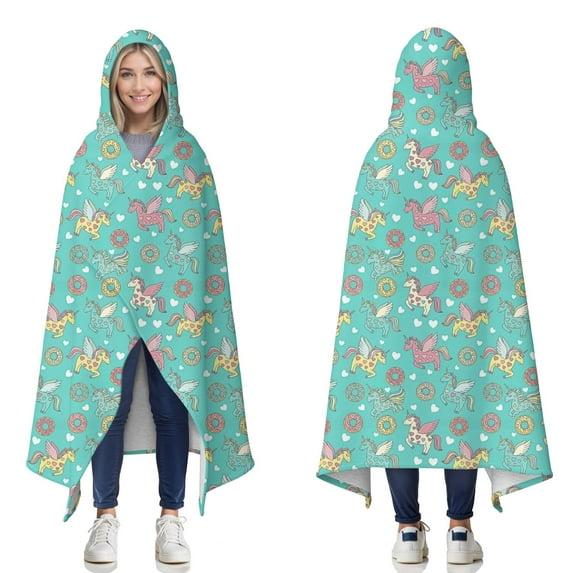 Wearable Blanket,Cartoon Unicorn Donut Heart Pattern Hooded Wearable Sherpa Blanket for Adults & Teens,Winter Poncho Shawl Wrap Cape Thick Warm,60"x80"