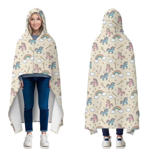 Wearable Blanket,Cartoon Unicorn Rainbow Star Magic Wand Cloud Hooded Wearable Flannel Blanket for Adults & Teens with Buckle,Winter Poncho Shawl Wrap Cape,60"x80"