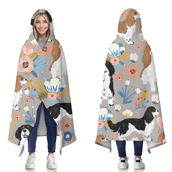 Wearable Blanket,Cavalier King Charles Spaniel Dog and Flower Hooded Wearable Sherpa Blanket for Adults & Teens,Winter Poncho Shawl Wrap Cape Thick Warm,60"x80"