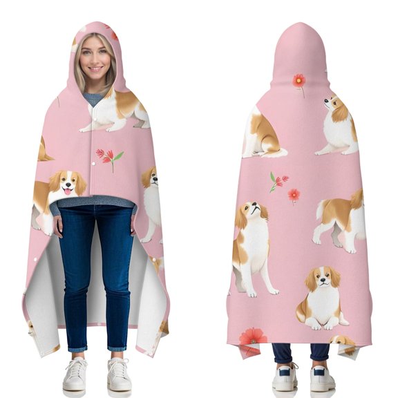 Wearable Blanket,Cavalier King Charles Spaniels and Flowers Hooded Wearable Flannel Blanket for Adults & Teens with Buckle,Winter Poncho Shawl Wrap Cape,50"x60"