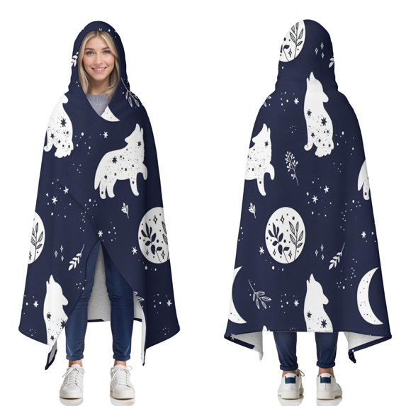 Wearable Blanket,Celestial Wolf Halloween Pattern Hooded Wearable Sherpa Blanket for Adults & Teens,Winter Poncho Shawl Wrap Cape Thick Warm,50"x60"