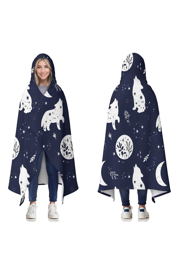 Wearable Blanket,Celestial Wolf Halloween Pattern Hooded Wearable Sherpa Blanket for Adults & Teens,Winter Poncho Shawl Wrap Cape Thick Warm,50"x60"