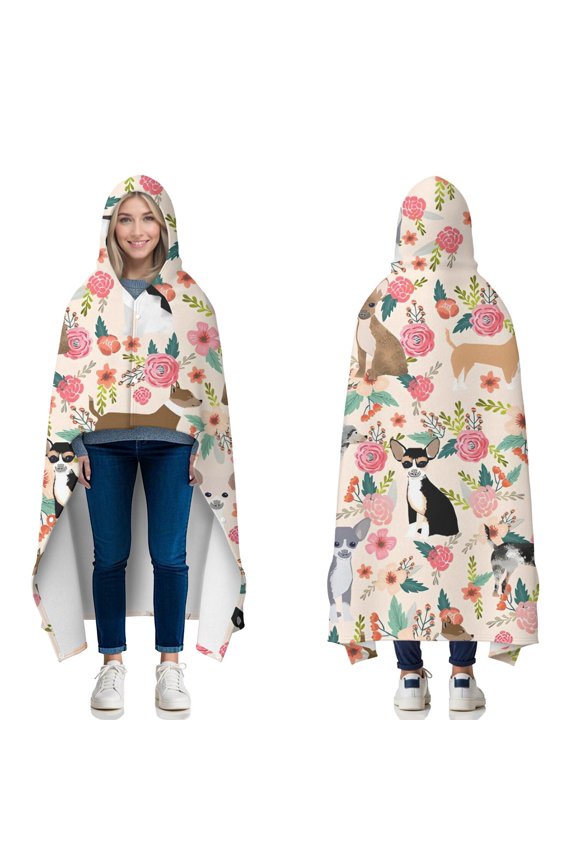 Wearable Blanket,Chihuahua and Flower Florals Hooded Wearable Flannel Blanket for Adults & Teens with Buckle,Winter Poncho Shawl Wrap Cape,60"x80"