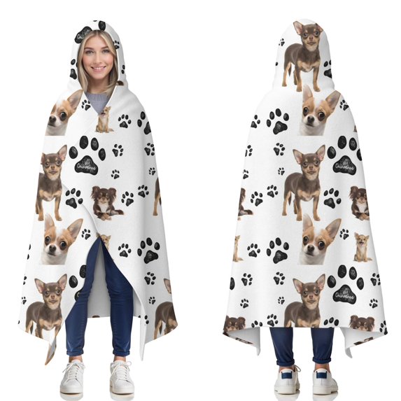 Wearable Blanket,Chihuahua and Footprints Hooded Wearable Flannel Blanket for Adults & Teens,Winter Poncho Shawl Wrap Cape Cozy Anti-Pill,50"x60"