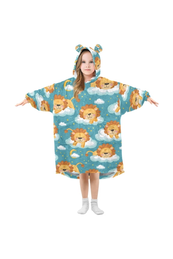 Wearable Blanket Christmas Hoodie for Cartoon Lion with Sky Element Cute Animal Wallpaper for Textile Gift Wrap Paper Flannel Hooded Blanket with Pockets and Sleeves Suitable