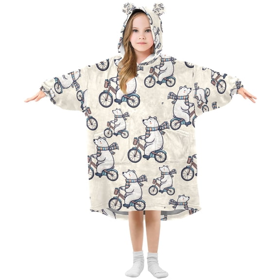 Wearable Blanket Christmas Hoodie for Bear Vector Polar Bear Bicycle Riding Flannel Hooded Blanket with Pockets and Sleeves Suitable