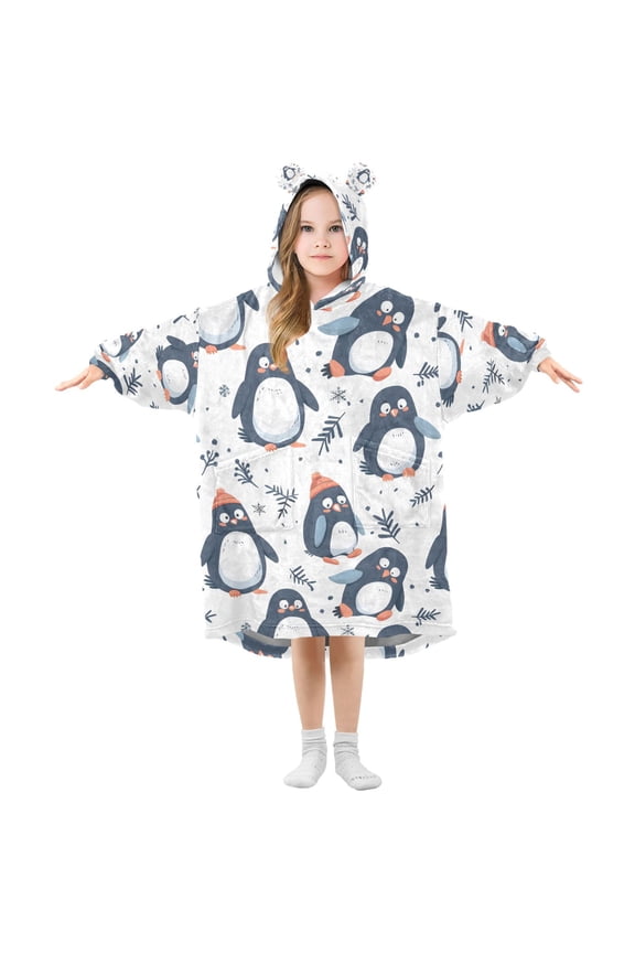 Wearable Blanket Christmas Hoodie for Cute Penguins Flannel Hooded Blanket with Pockets and Sleeves Suitable