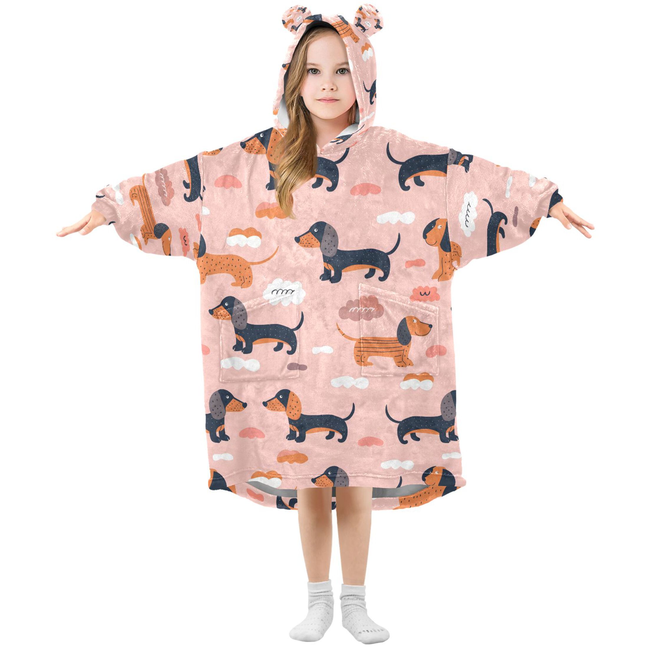 Wearable Blanket Christmas Hoodie for Cute with Dogs Flannel Hooded Blanket with Pockets and Sleeves Suitable
