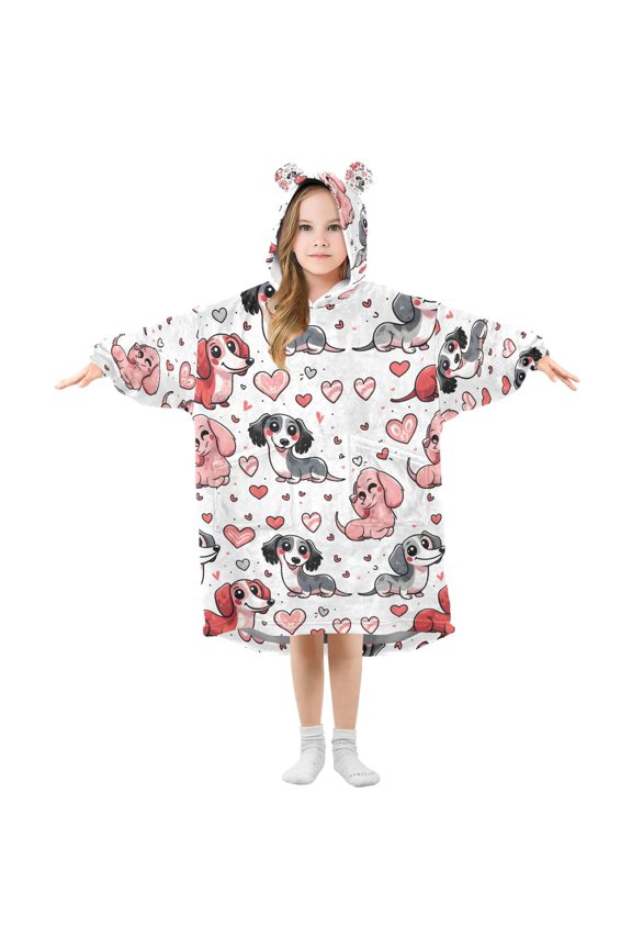Wearable Blanket Christmas Hoodie for Dachshund Dogs in The Shape Of A Heart Background Flannel Hooded Blanket with Pockets and Sleeves Suitable