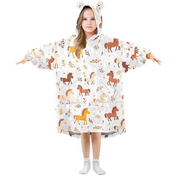 Wearable Blanket Christmas Hoodie for Horse Flannel Hooded Blanket with Pockets and Sleeves Suitable