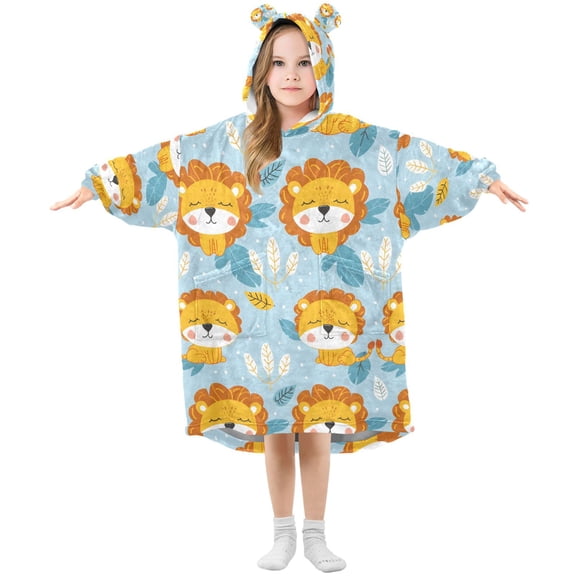 Wearable Blanket Christmas Hoodie for Lovely Lion Cartoon Wildlife Background Flannel Hooded Blanket with Pockets and Sleeves Suitable