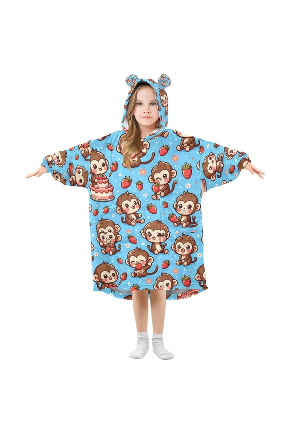 Wearable Blanket Christmas Hoodie for Of Cute Monkey in Various Poses Flannel Hooded Blanket with Pockets and Sleeves Suitable