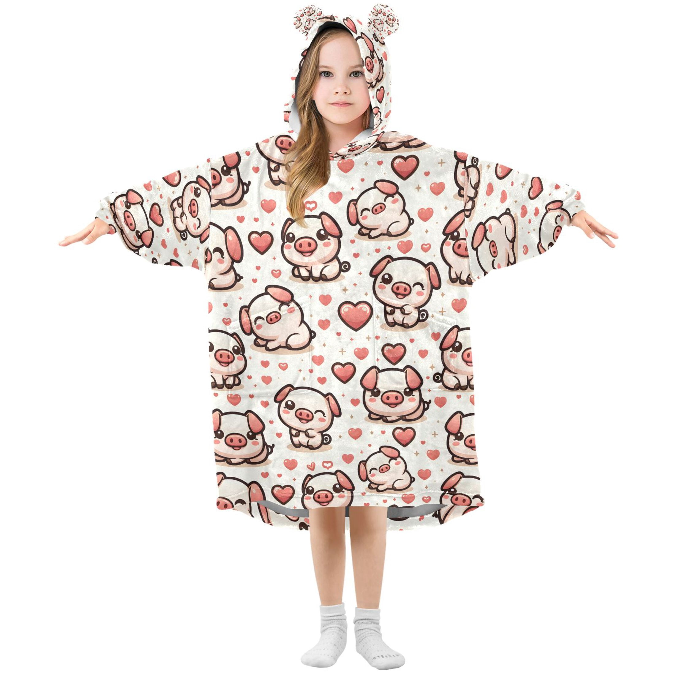 Wearable Blanket Christmas Hoodie for Of Cute Pig Flannel Hooded Blanket with Pockets and Sleeves Suitable
