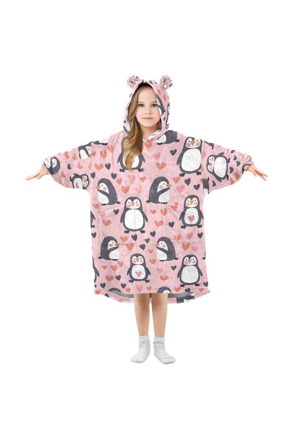 Wearable Blanket Christmas Hoodie for Penguin Flannel Hooded Blanket with Pockets and Sleeves Suitable