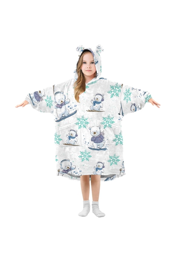 Wearable Blanket Christmas Hoodie for Ski Bear Flannel Hooded Blanket with Pockets and Sleeves Suitable