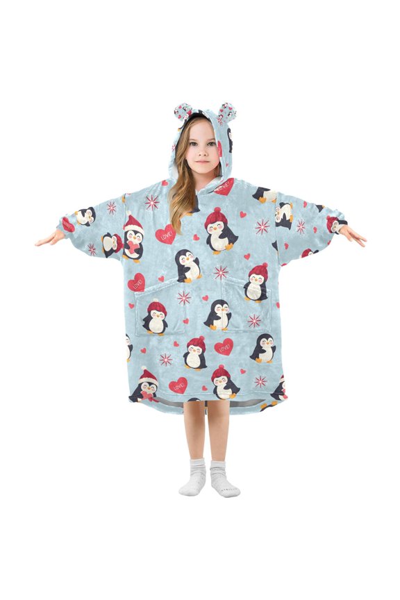 Wearable Blanket Christmas Hoodie for Winter Penguin Flannel Hooded Blanket with Pockets and Sleeves Suitable
