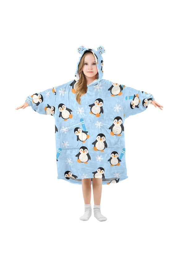 Wearable Blanket Christmas Hoodie for Winter Snowflake Penguin Flannel Hooded Blanket with Pockets and Sleeves Suitable